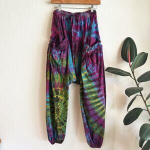 Harem Pants OS Drop Crotch Cotton Tie Dye Hippie Bohemian Festival Baggy Pockets